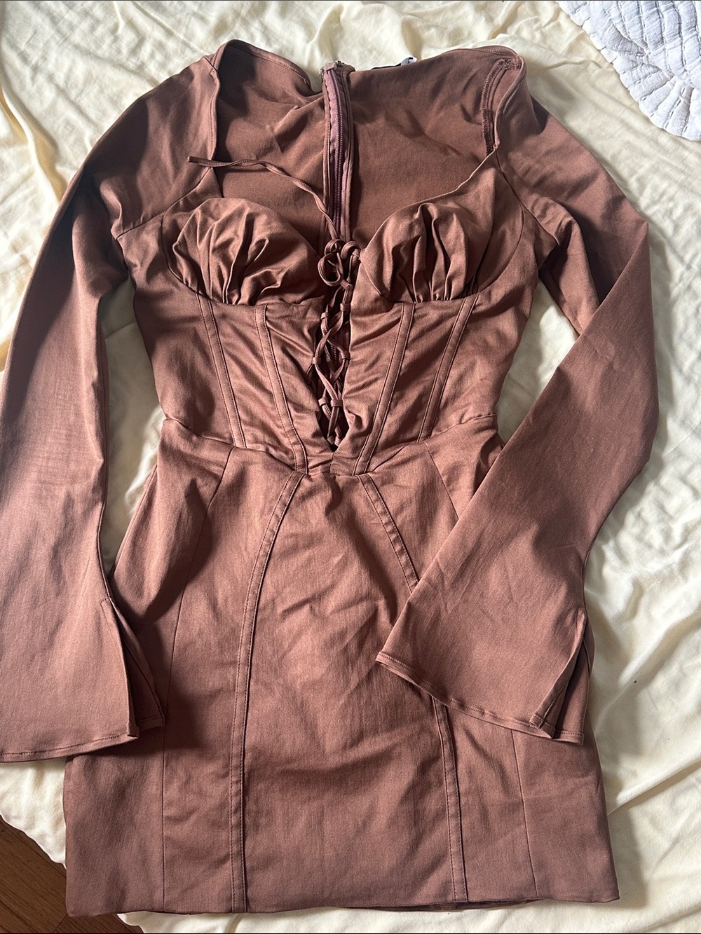 Mistress Rocks - Long Sleeve Corset Mini Dress in Walnut Brown